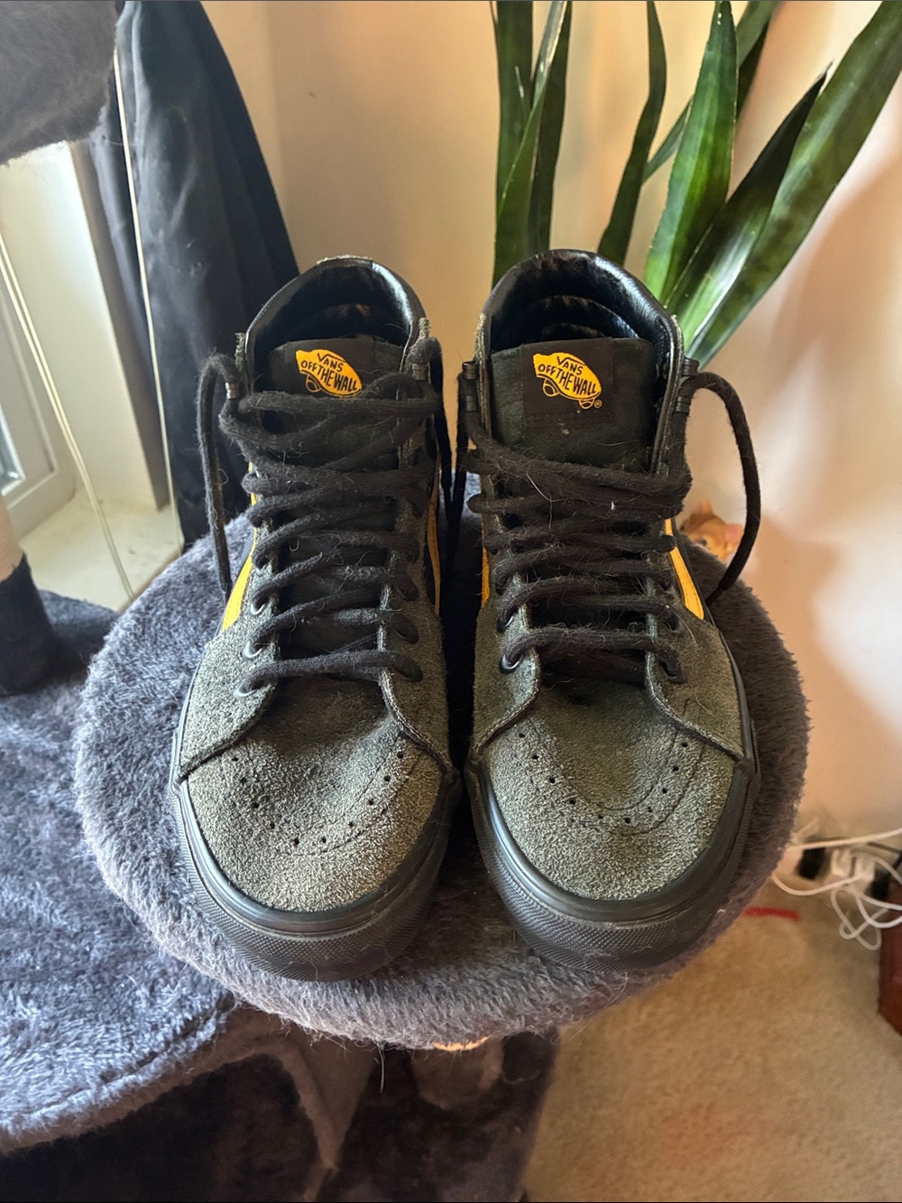Vans Olive Green and Black High-Top Sneakers with Yellow Logo